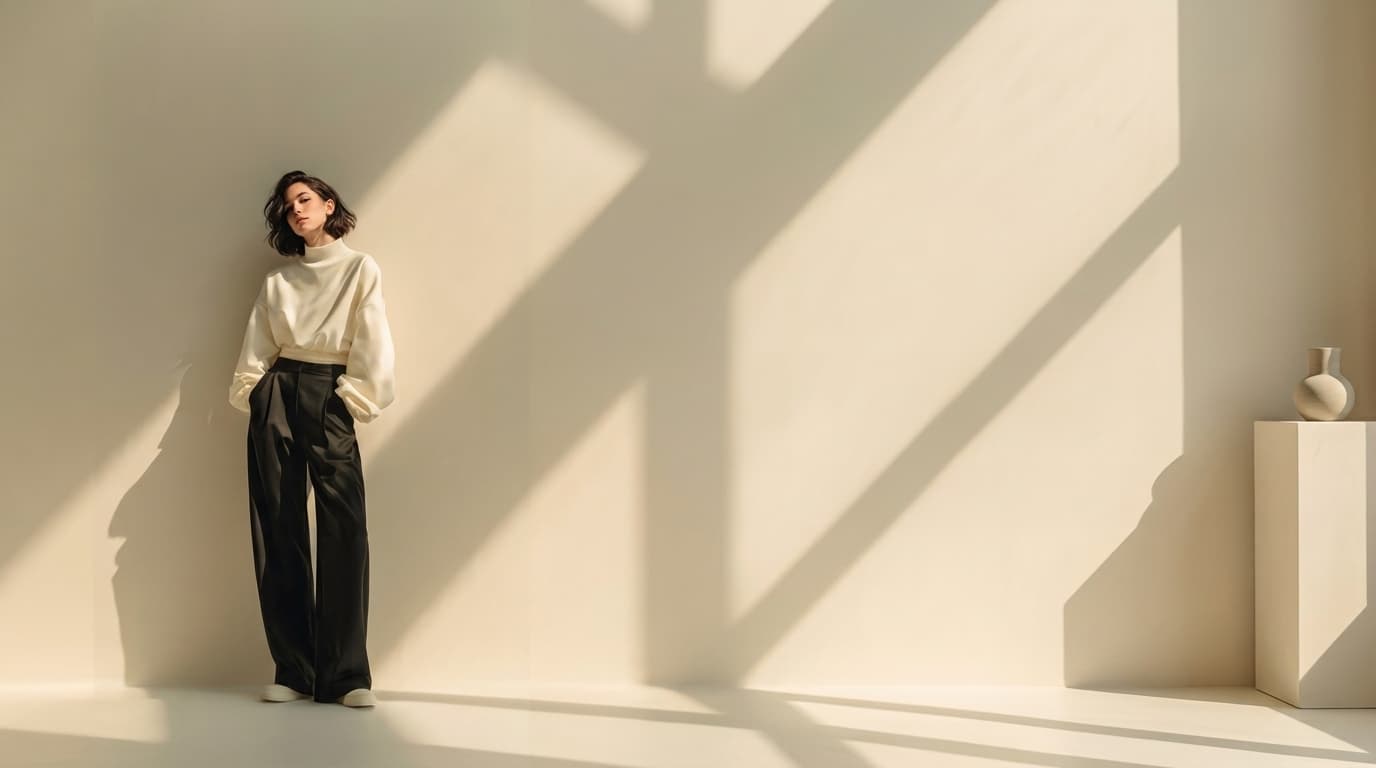 Model wearing an ivory knit sweater and black wide-leg trousers